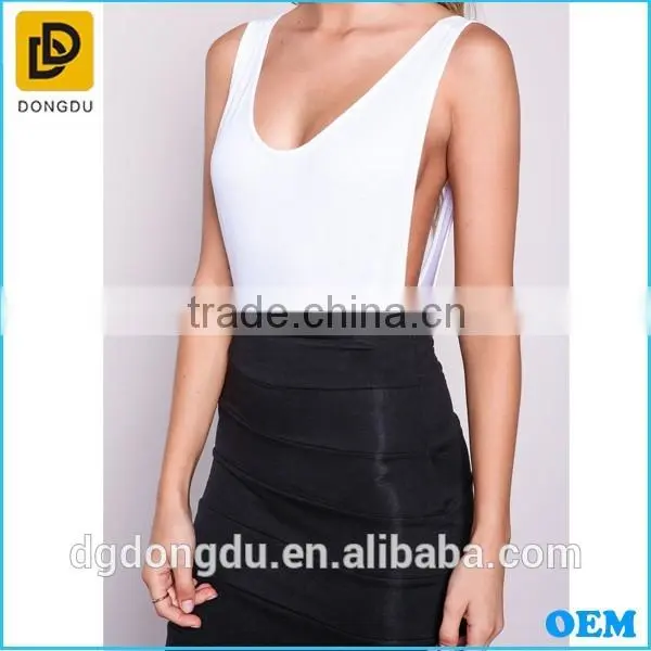 Women New Fashion Knit White Sporty Deep Cut Out Bodysuit photo-3