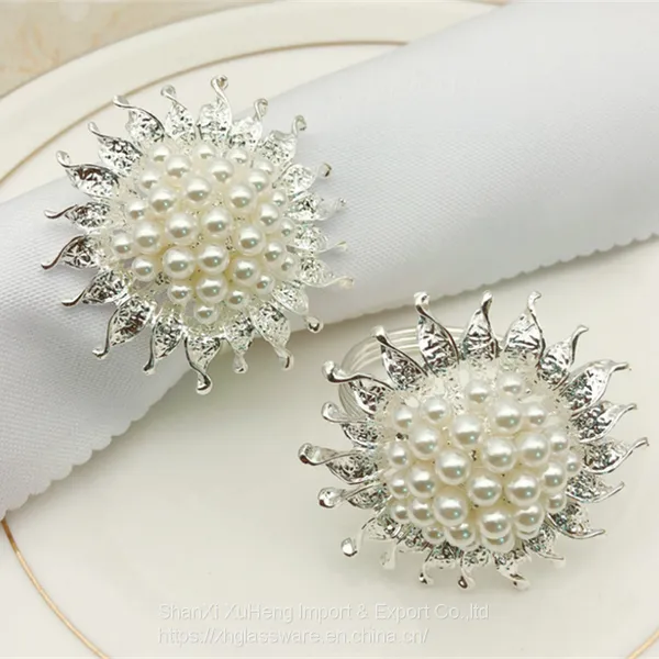 Hot Selling Shiny Gold Pearl Beaded Round Sun Flower Napkin Ring photo-2