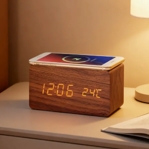 Wooden LED Alarm Clock with Temperature Calendar Display and Wireless Phone Charger