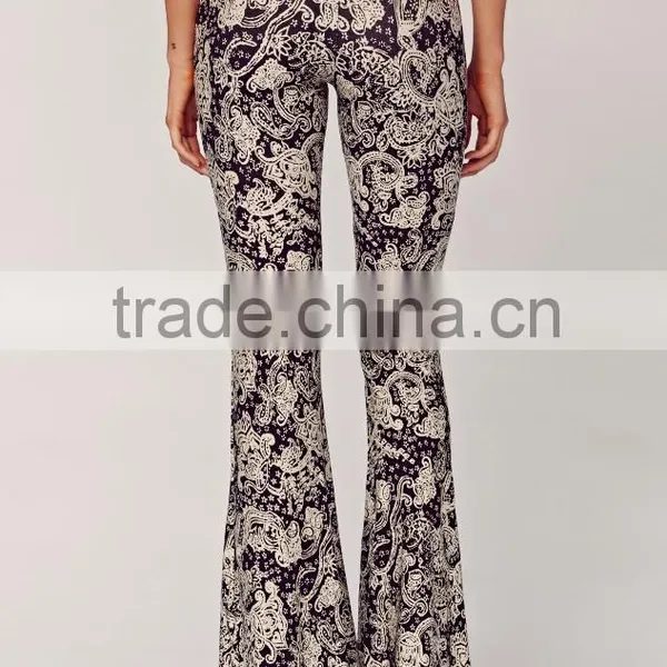 Ladies Casual Rayon Spandex Boho Paisley Print Bell Bottom Pants for Women photo-4