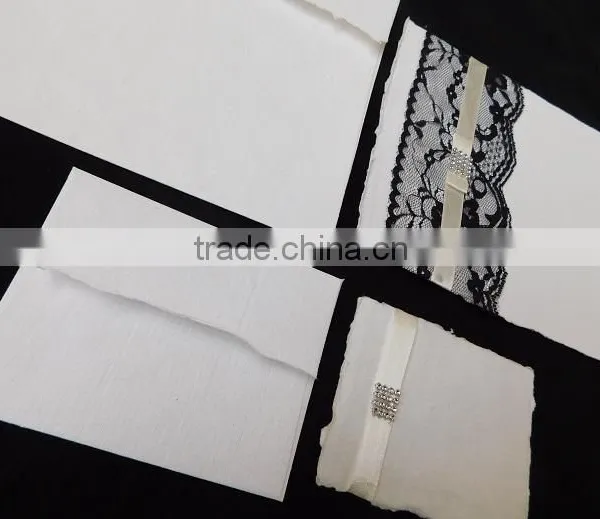 Cotton Rag Handmade Paper Wedding Invite Lace and Ribbon Invitation With Deckled Envelope and Rsvp Card photo-4