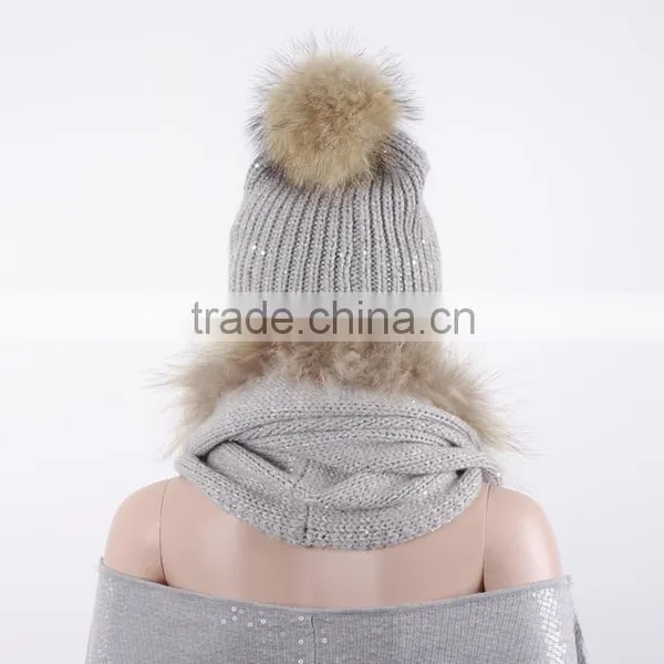 Top Quality Knit Beanie Hat Genuine Raccoon Fur Pompom Hats KZ150123 photo-4
