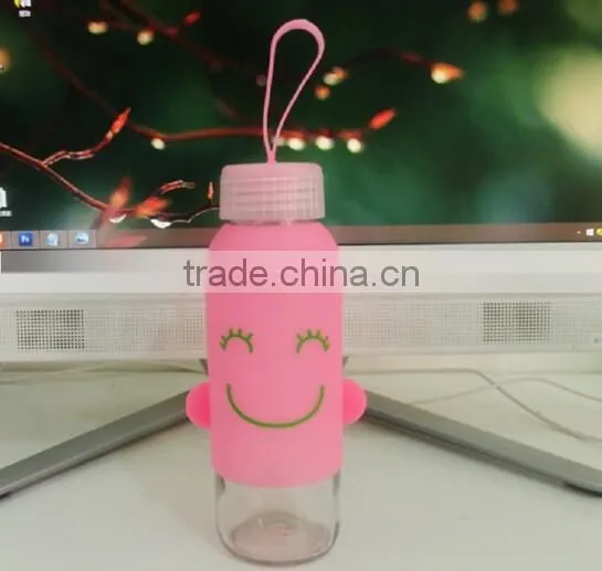 X008 Portable 300ML Glass Bottle Student Bottle With Silicone Sleeve Smile Water Sport Bottle photo-4