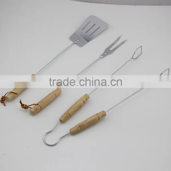 3-Piece Stainless Steel Barbecue Tool Set With Round Wood Handle photo-6