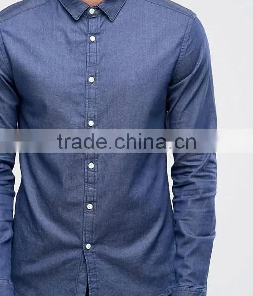 Guangzhou High Quality Custom Long Sleeve Spread Collar Mens Cotton Elastane Stretch Denim Casual Navy Solid Shirts photo-3