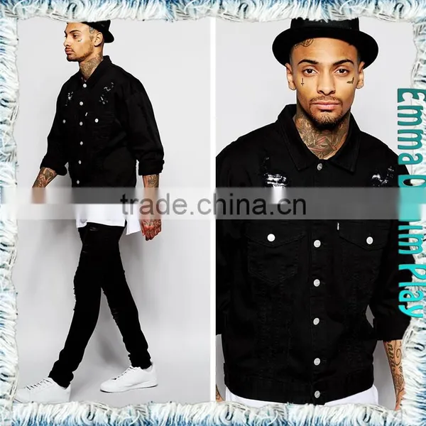 Hot Design Men Fashion Broken Holes Washed Long Sleeves Black Denim Jackets photo-4