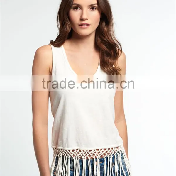 2016 Guangzhou Shandao Fashion Design Summer Casual Sleeveless Tassels Bottom Round Neck White Cotton New Style Top For Girls photo-3