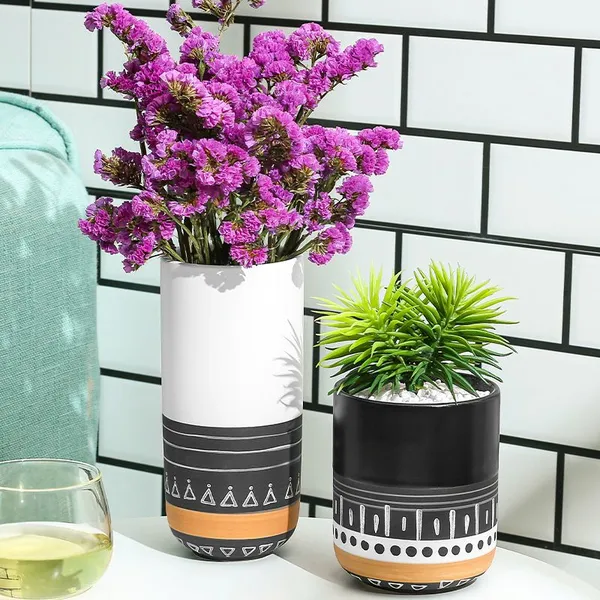 Black And White Stripe Fashion Colored Drawing Ceramic Flower Vase For Restaurant Dining Table photo-4