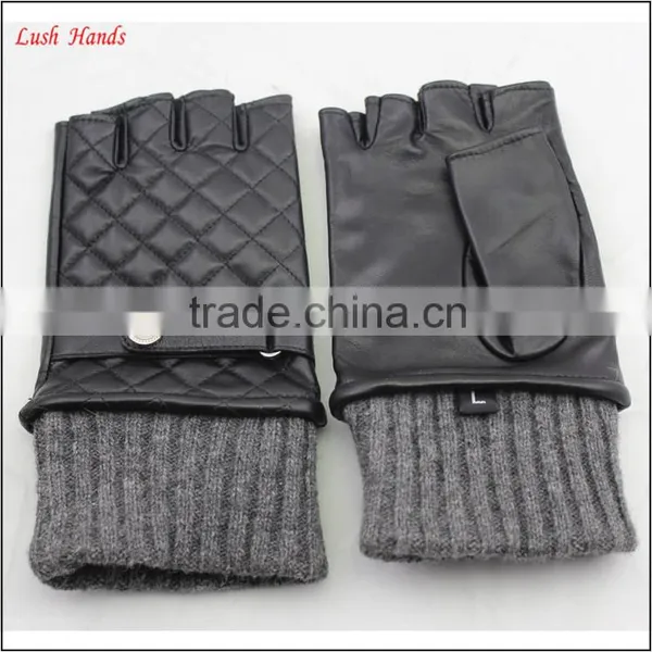 Ladies Winter Fingerless Leather Gloves With Grey Knitting Ending photo-3
