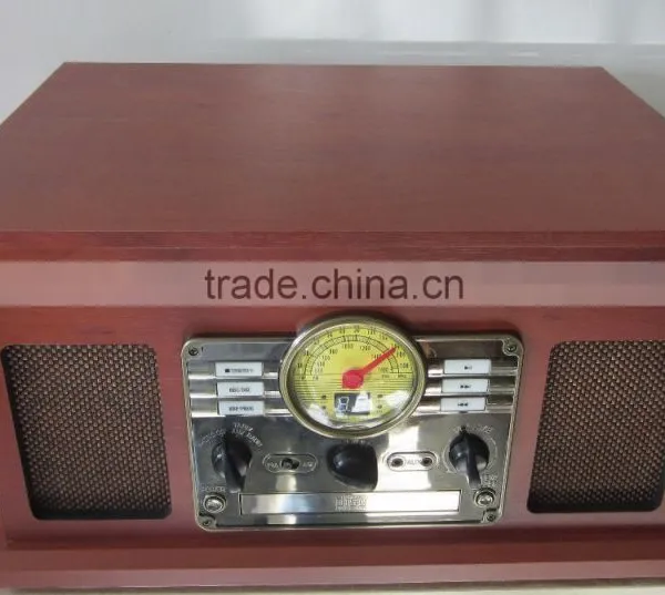 Wooden desktop turntable vinyl record player gramophone with CD/MP3/cassette format, FM/AM radio/usb encoding/headphone jack