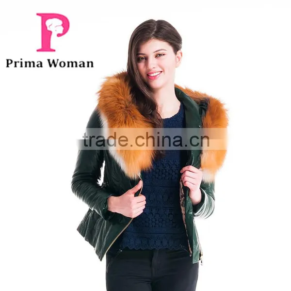 New Design Winter Women Short Slim Fit Leather Jacket With Red Fox Hat Overcoat photo-2