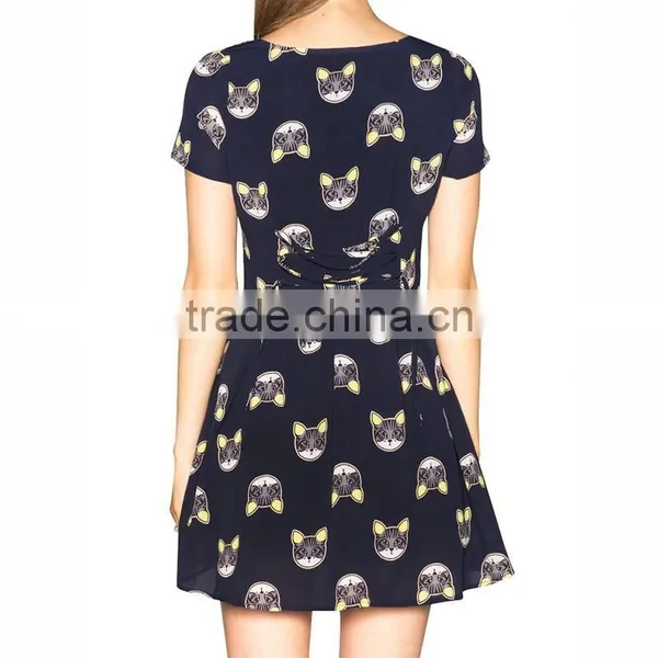 Trade Assurance Yihao Ladies Spring Summer Cat Printed Casual Dress Women 2015 photo-2