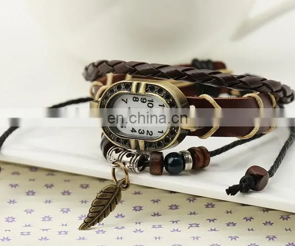 Wholesale Beaded Leather Bracelet Brown Leather Watch Bracelet For Women photo-3