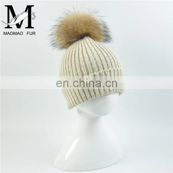 Kids Funny Hat With Big Genuine Raccoon Fur Ball Winter Knit Hat Baby Crochet photo-4