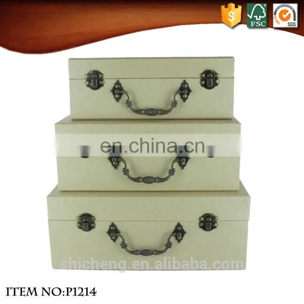 Decorative Pure Color Kraft Paper Cardboard Antique Metal Handles Suitcase Storage Box photo-2
