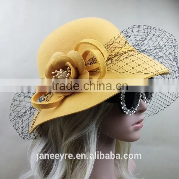 Elegant Veiling Wool Felt Hat With Flower For Women photo-3