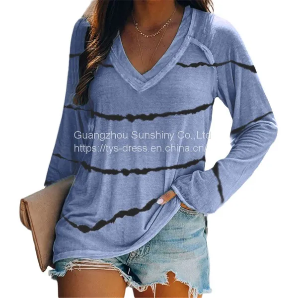Tie-dye Stripes Printed V-neck Long-sleeved T-shirt Women photo-5