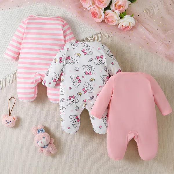 3pcs Newborn Baby's Solid Color/Cartoon Bowknot Dog Print Long Sleeve Footie, Toddler & Infant Girl's Comfy Footed Romper For Spring Fall photo-2