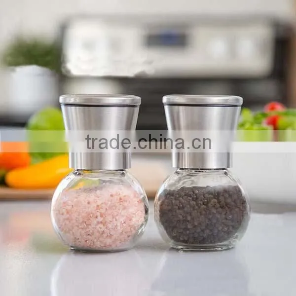 Unique Design Brushed Stainless Steel and Glass Salt and Pepper Grinder Set Large Capacity Round Glass Body photo-3
