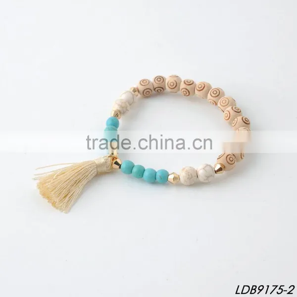 Turquoise Stone Bead Spiritual Wooden Bead Bracelet With Tassel photo-2