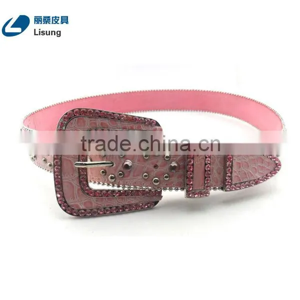 Western Cowgirl Pink Crocodile Leather Rhinestone Diamond Studded Chain Belt photo-3