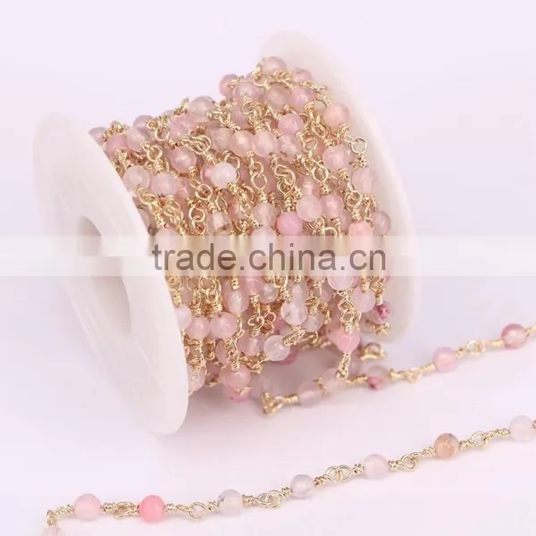 Natural Rose Quartz Agate Rosary Style Beaded Chain, Gold Plated Wire Wrapped Beaded Chain Rosary Chain Faceted Beads photo-2