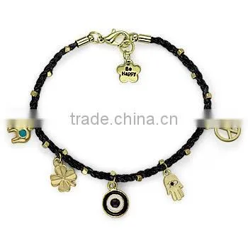 Gold Evil Eye Fatima Hand Peace Sign Four Leaf Clover Elephant Charms Bracelet Wax Cord Handwoven Friendship Bracelet Luck Charm photo-4