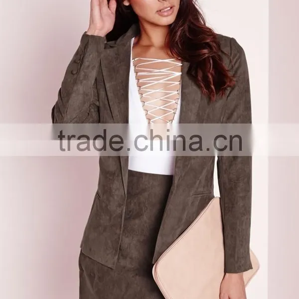 New Arrival Lady Khaki Faux Suede Office Uniform Blazer photo-2
