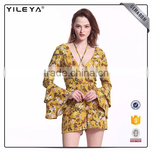 Customizable Printing V Neck Bell Long-Sleeved Jumpsuit For Women photo-6