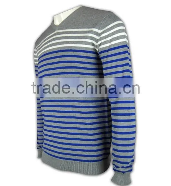 ISO9001/BSCI Manufature Blue V-neck Striped Design Wool Sweater photo-2