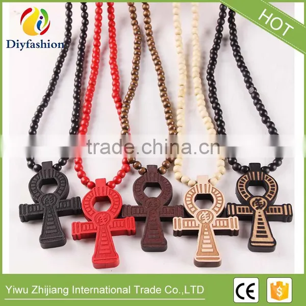 Wooden Hip Hop Cross Pendant With Rosary Beads Chain Men's Jewelry photo-2