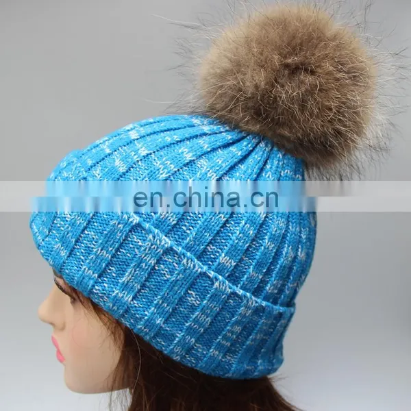 New Product Colorful Knit Hats Wholesale Fancy Raccoon Fur Ball Women Floppy Hat photo-3