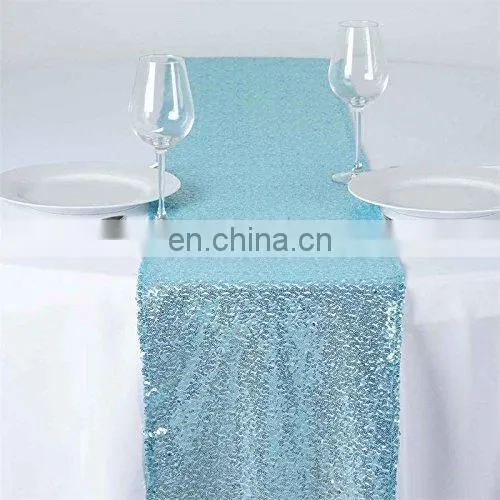 Custom Good Quality Lake Blue Sequin Table Runner For Wedding photo-2