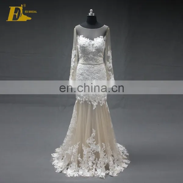 New Fashion Long Sleeve See Through Back Lace Appliqued Sexy Mermaid Wedding Dress 2018