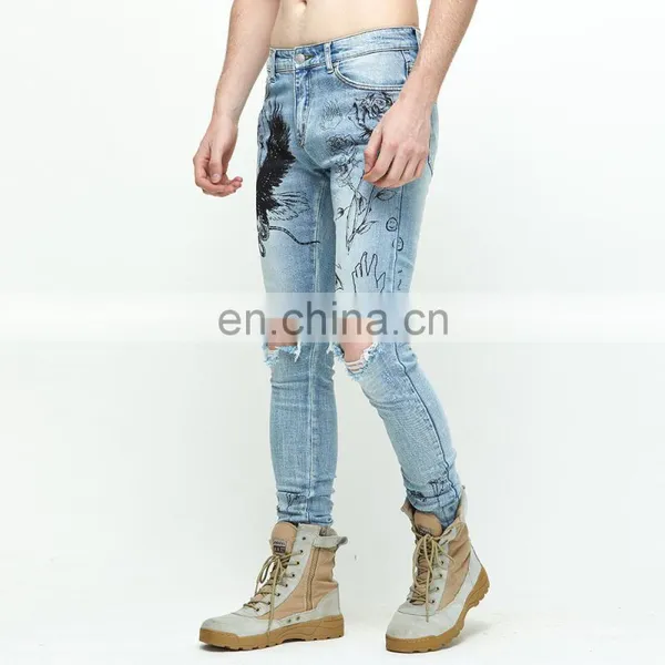 DiZNEW 2020 Wholesale Custom Slim Fitting Printed Ripped Denim Jeans Men photo-4