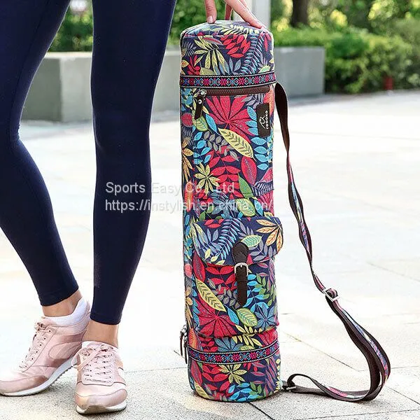 Flower Printed Canvas Yoga Mat Bag With Inside Pockets and Shoulder Carrying Strap photo-2