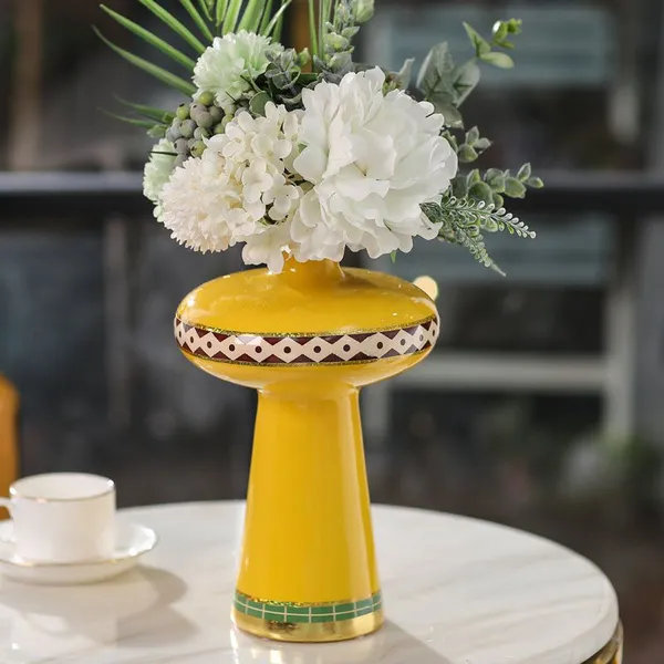 New Chinese Light Luxury Yellow Ceramic Artificial Flower Vase For Coffee Shop Decor photo-4