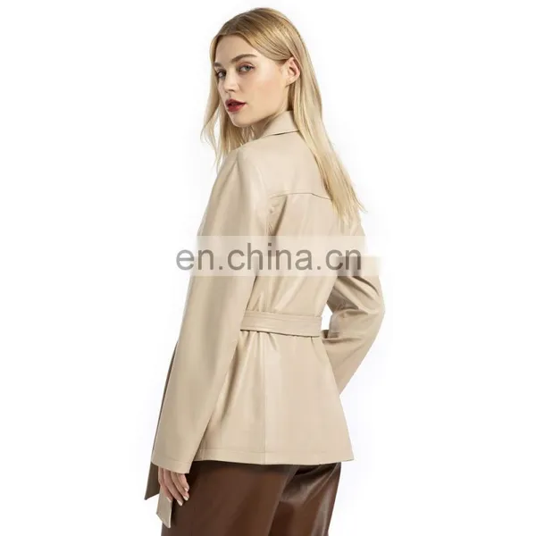 Women Genuine Leather Short Jacket Blazar With Belt photo-2