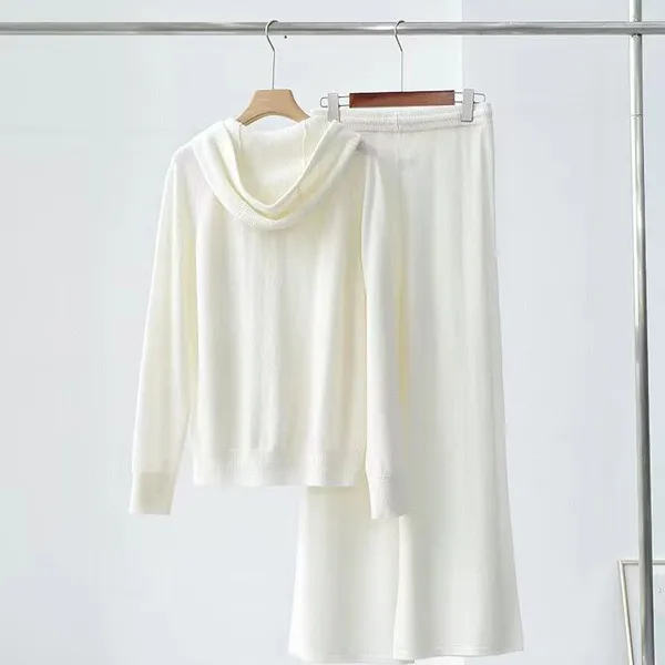 Women's 100% Cashmere Suit Hooded Zipper Coat Knitted Sweater Wide-leg Pants Two-piece Set for Autumn and Winter photo-2
