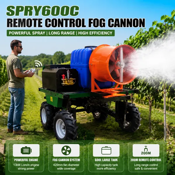 SPRY600C Heavy Duty Remote Fog Cannon Machine 600L Water Mist Sprayer for Dust Control Cooling and Pesticide Application