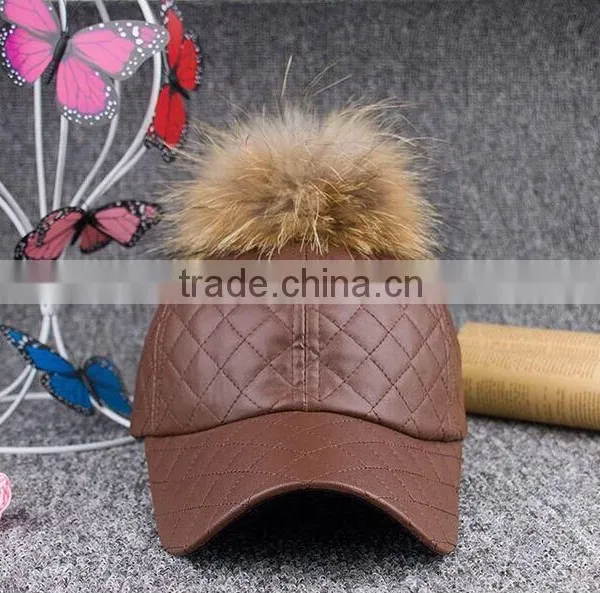 Fashion Plaid Sport Hat With Real Raccoon Fur Balls PU Leather Snapback Baseball Caps With Animal Fur Pompoms photo-4