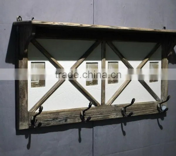 2016 Vintage Wood Wall Shelf With Hooks and Frames photo-2