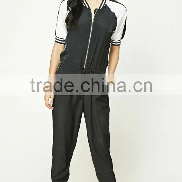 Adult Casual Harem Pants Breathable Half Sleeve Design Drawstring Waist Fashion Contrast Black Sexy Womens Bodycon Jumpsuits photo-2