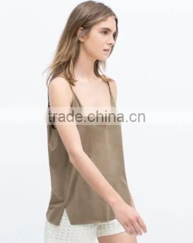 Fashion Women Faux Suede V Neck And Back Strappy Top 2016 photo-2