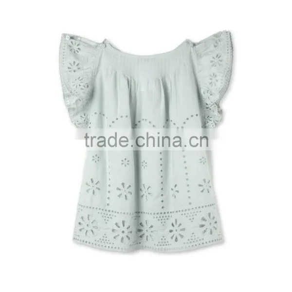 Latest Fancy Pretty Broderie Anglaise Blue Cotton Girls Top With Frilled Sleeves Kids Childerens Boutique Clothing HSd5108 photo-4