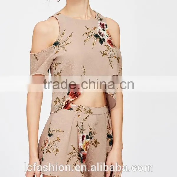 Two Piece Set Women Clothing Floral Print Cold Shoulder Crop Split Top With Shorts photo-5