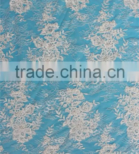 Fashion White Beaded Embroidery Bridal Cord Lace Fabric With Beads