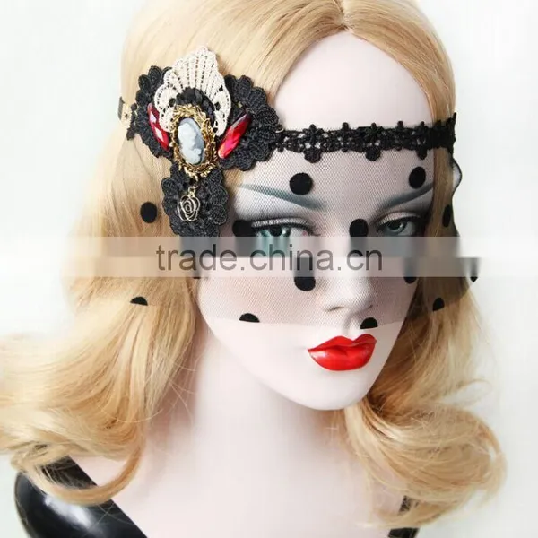 Sexy Lady Black Hollow Lace Mask,Dot Tulle Veil,Lace Flower Headband photo-3