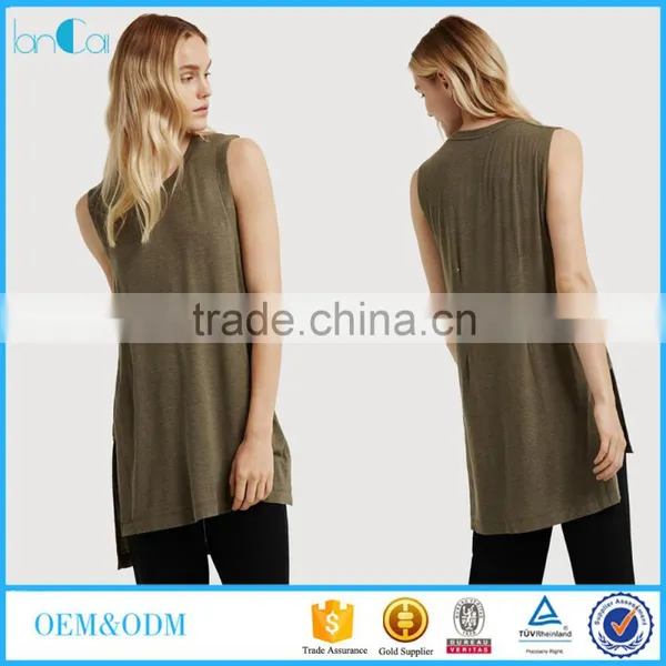 Latest Fashion Design Women Clothing Sleeveless Side Split Loose Long T-shirt