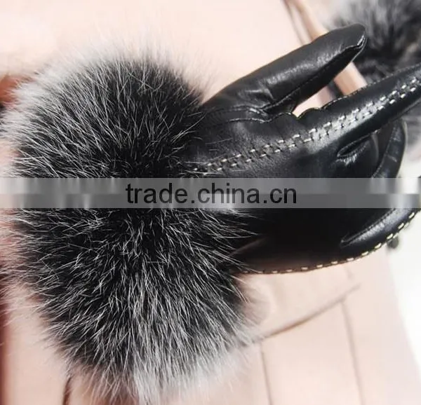 UK Style Women Classic Elegant Raccoon Fur Cuff Sheep Leather Gloves photo-2